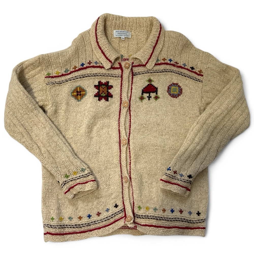 VTG Indigenous Beige Knit Sweater with Red and Colorful Details Women’s Medium